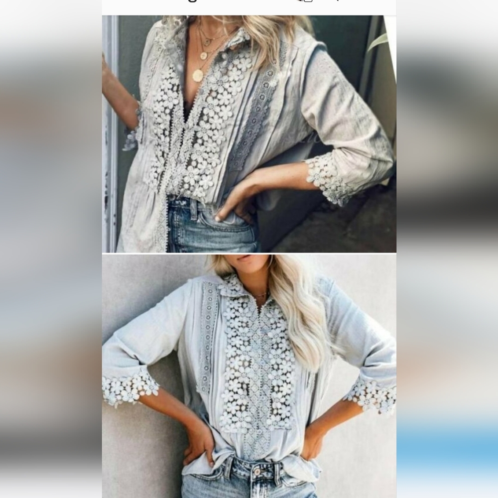 Gray Pleated Blouse with Mandarin Collar and Cuffed Sleeves